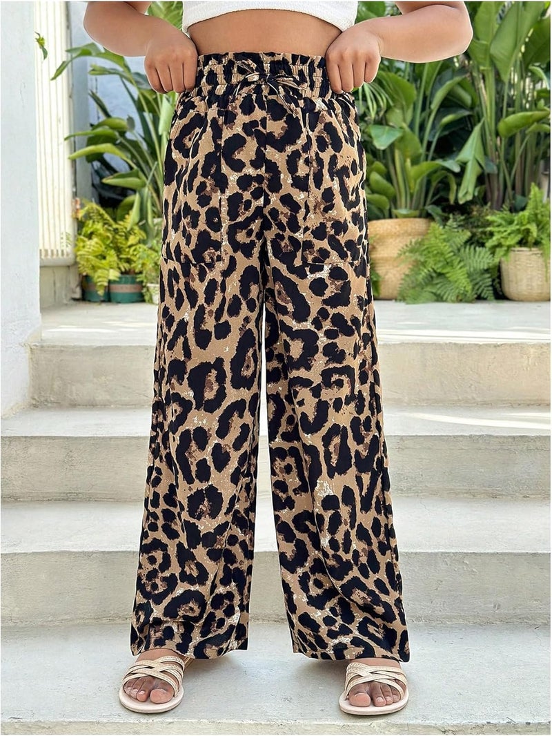 OYOANGLE Girl's Leopard Pants Elastic Waist Tie Front Straight Leg Casual Trousers with Pocket - Image 4